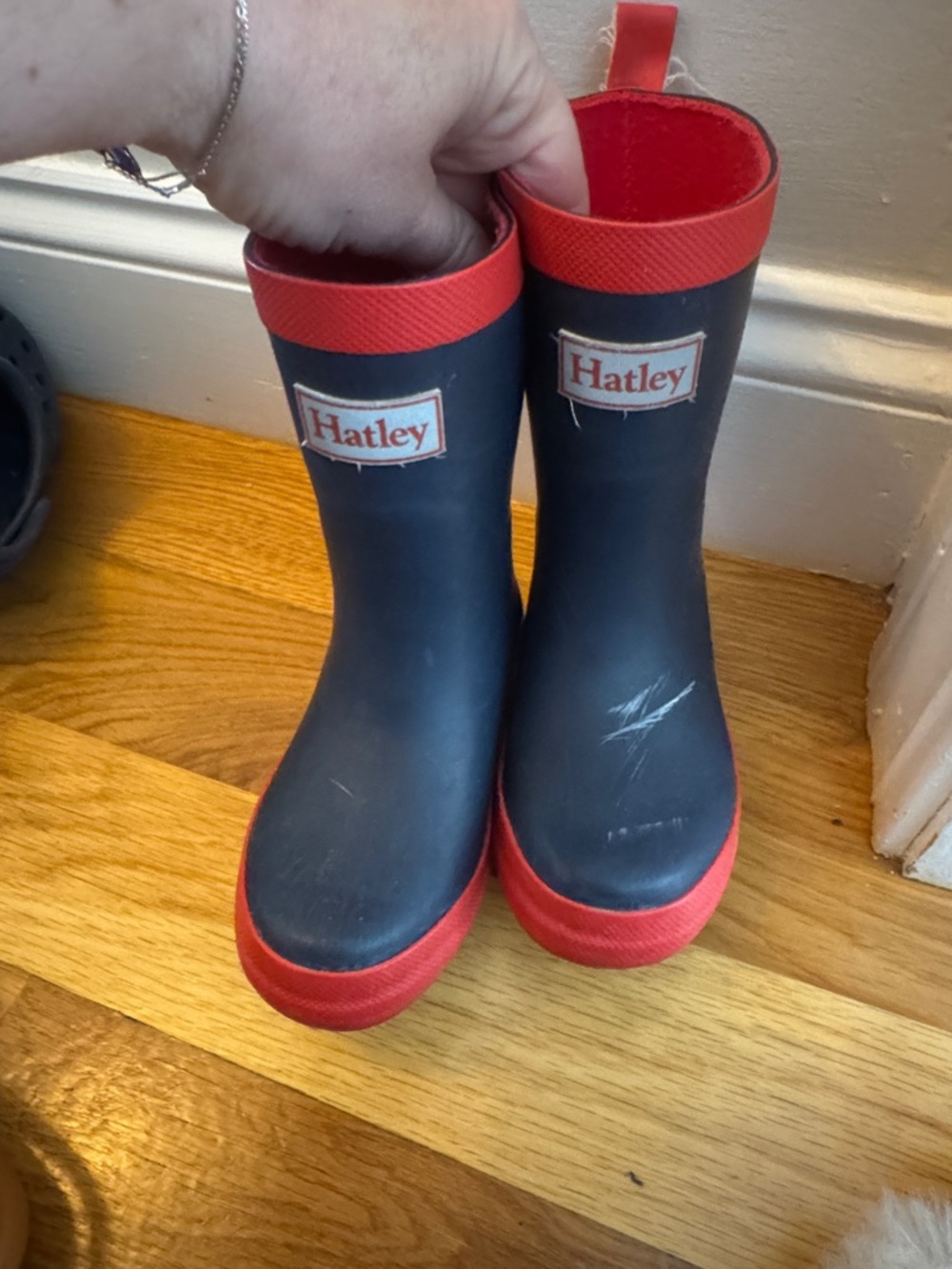 Hatley Navy and Red Kids Rain Boots with Pull Tabs